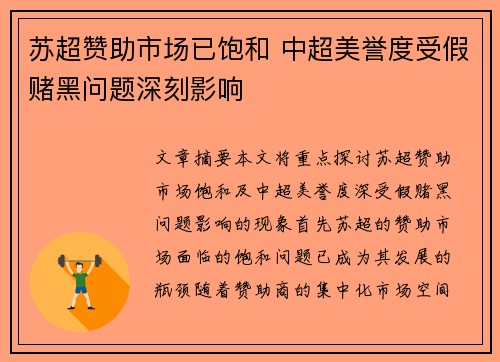 苏超赞助市场已饱和 中超美誉度受假赌黑问题深刻影响