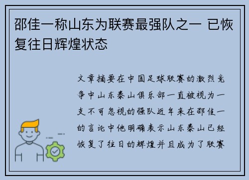 邵佳一称山东为联赛最强队之一 已恢复往日辉煌状态